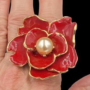 Vintage KJL Kenneth J Lane Red Enamel Faux Pearl Ring